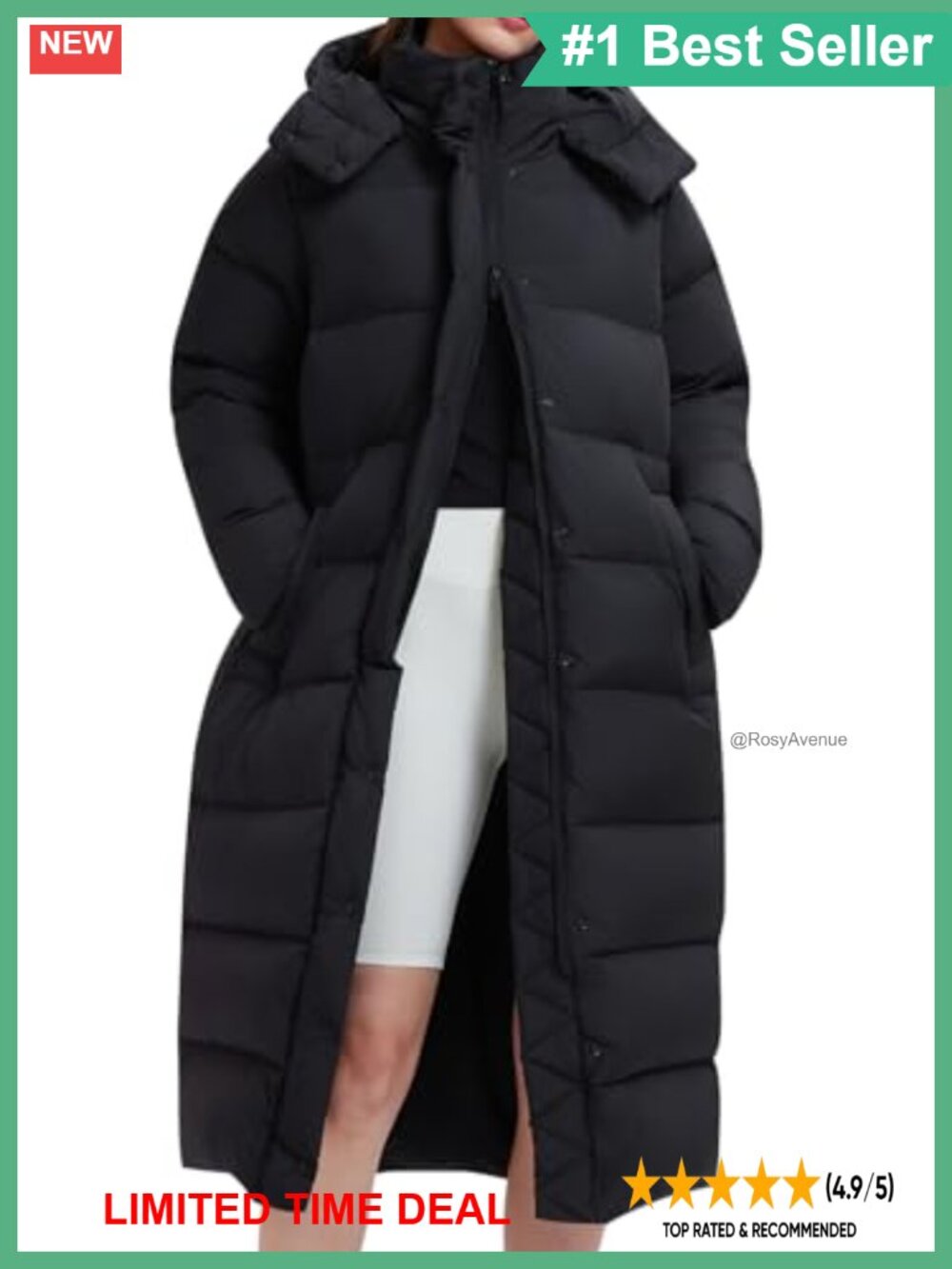 800FP Long Down Puffer Coat Cinched Waist Water-Resistant Winter Jacket